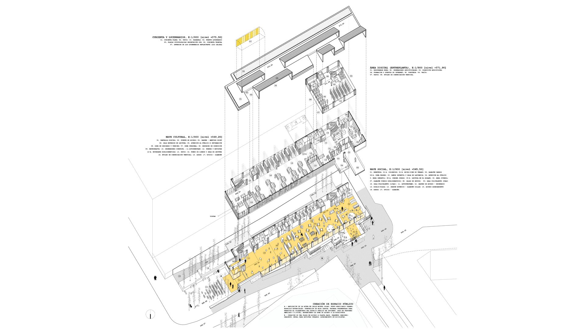 Exploded axonometric drawing of the CLT wood structure in the bioclimatic architecture of the Francisco Umbral Library in Madrid
