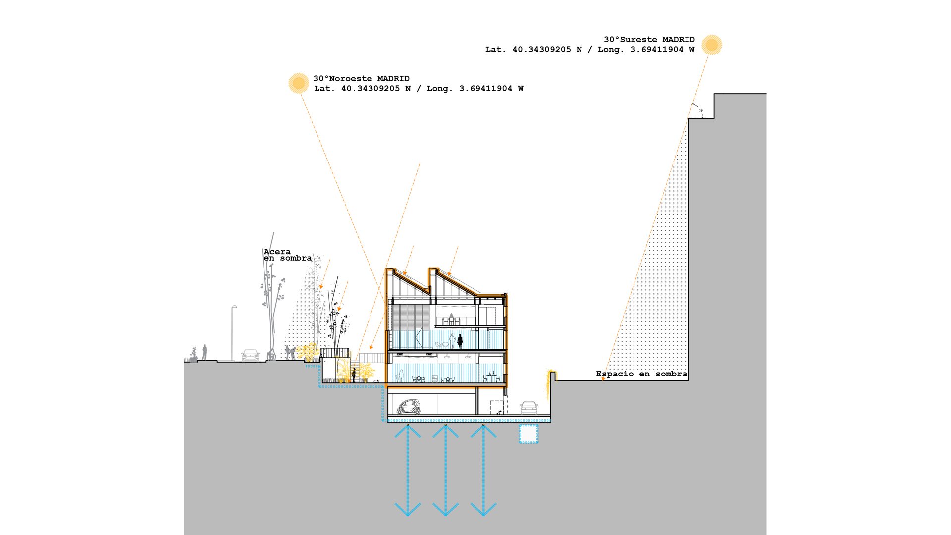 Bioclimatic architecture with a bioclimatic section drawing for summer, using CLT, photovoltaic energy, and geothermal systems at the Francisco Umbral Library in Madrid
