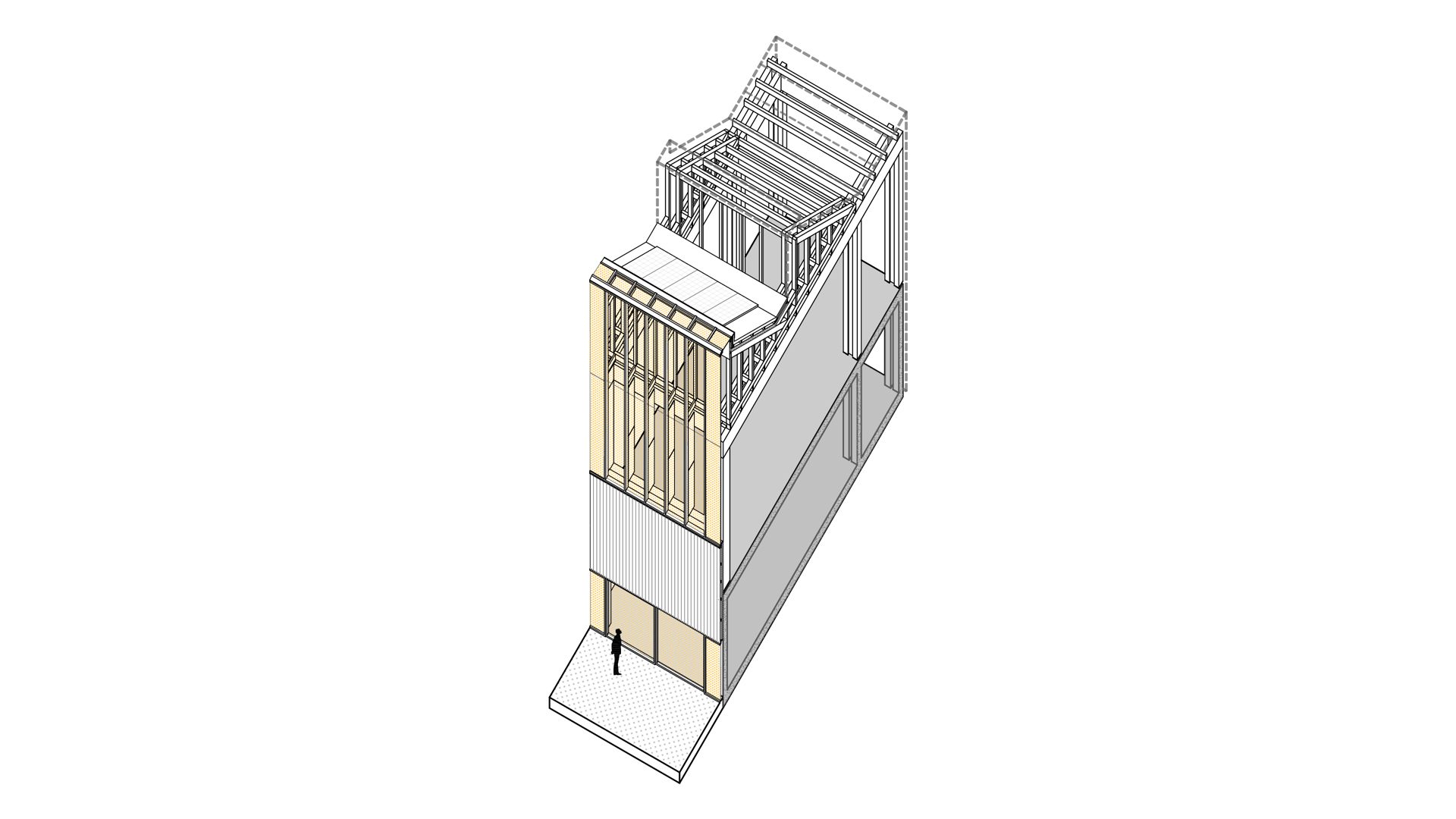 Constructive axonometric drawing of the CLT structure and curtain wall in the bioclimatic architecture of the Francisco Umbral Library in Madrid