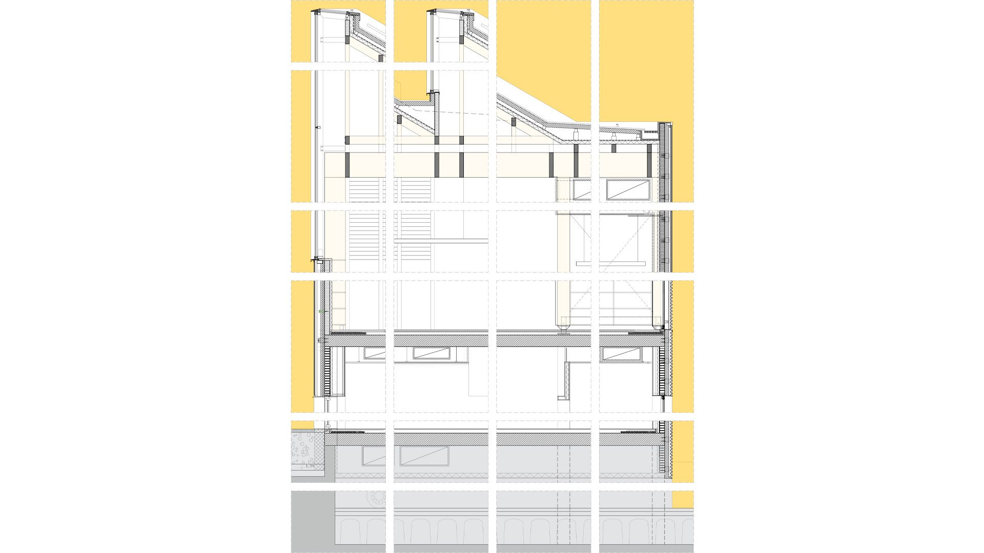 detail drawing of the constructive section showing the CLT wood structure and curtain wall in the bioclimatic architecture of the Francisco Umbral Library in Madrid