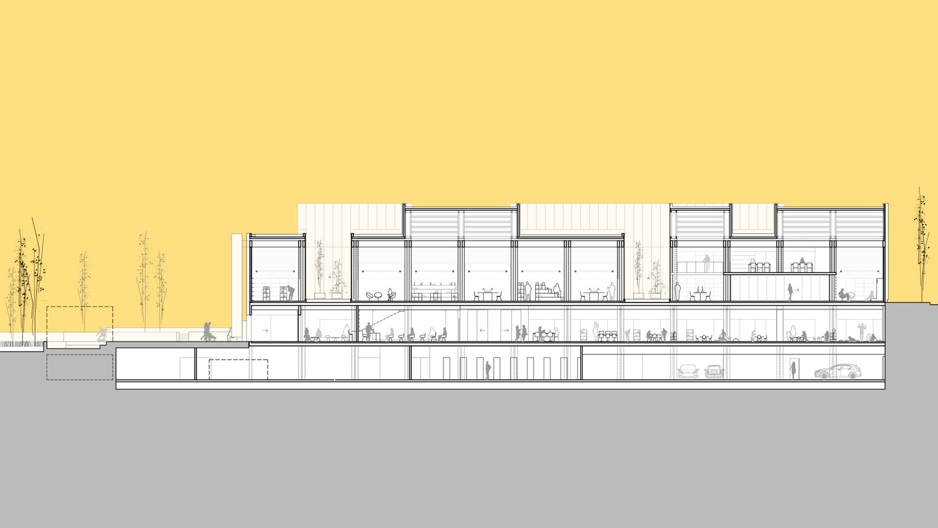 Longitudinal section drawing of the wooden structure in the bioclimatic architecture of the Francisco Umbral Library in Madrid