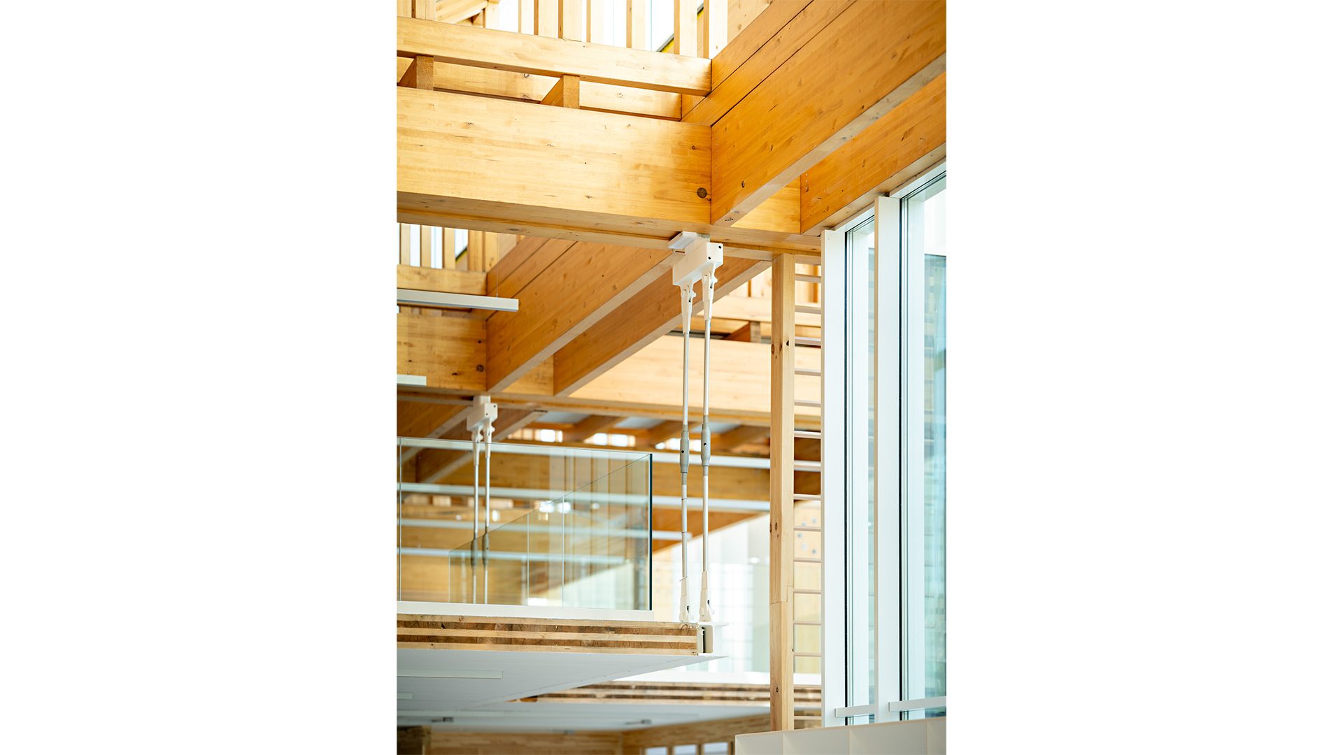 Bioclimatic architecture with wooden interior and detailed hanging CLT structure at the Francisco Umbral Library in Madrid