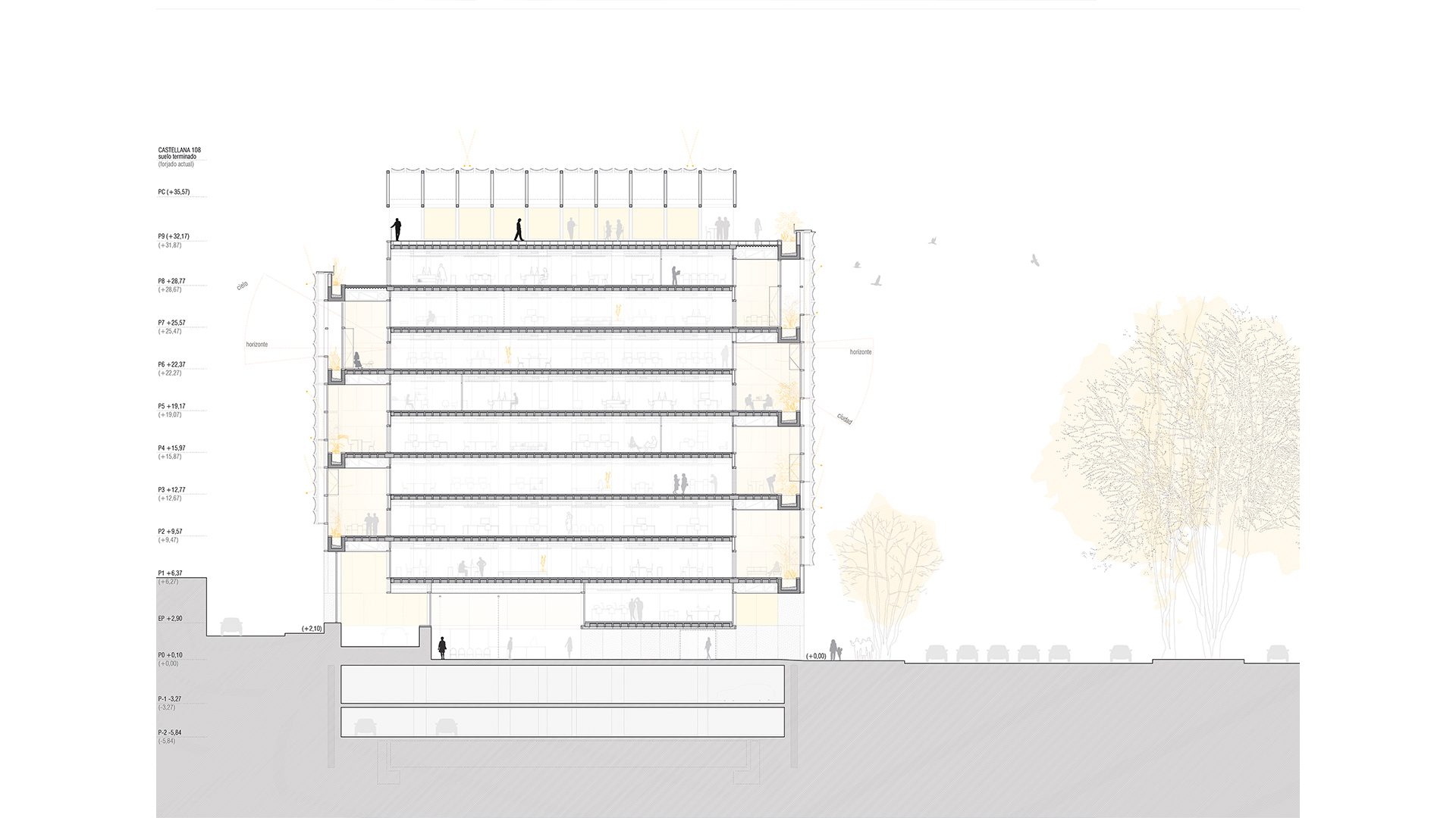 arquitectura-dibujo-sección-rehabilitación-historico-oficinas-passivhaus-leed-ais-paseo-castellana-106-108-madrid-sostenibilidad