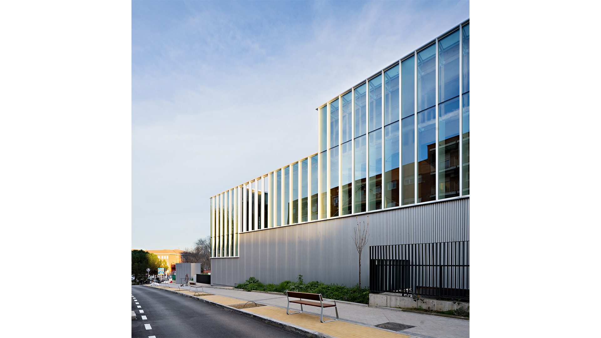 Bioclimatic architecture in winter with wooden and exterior curtain wall at the Francisco Umbral Library in Madrid