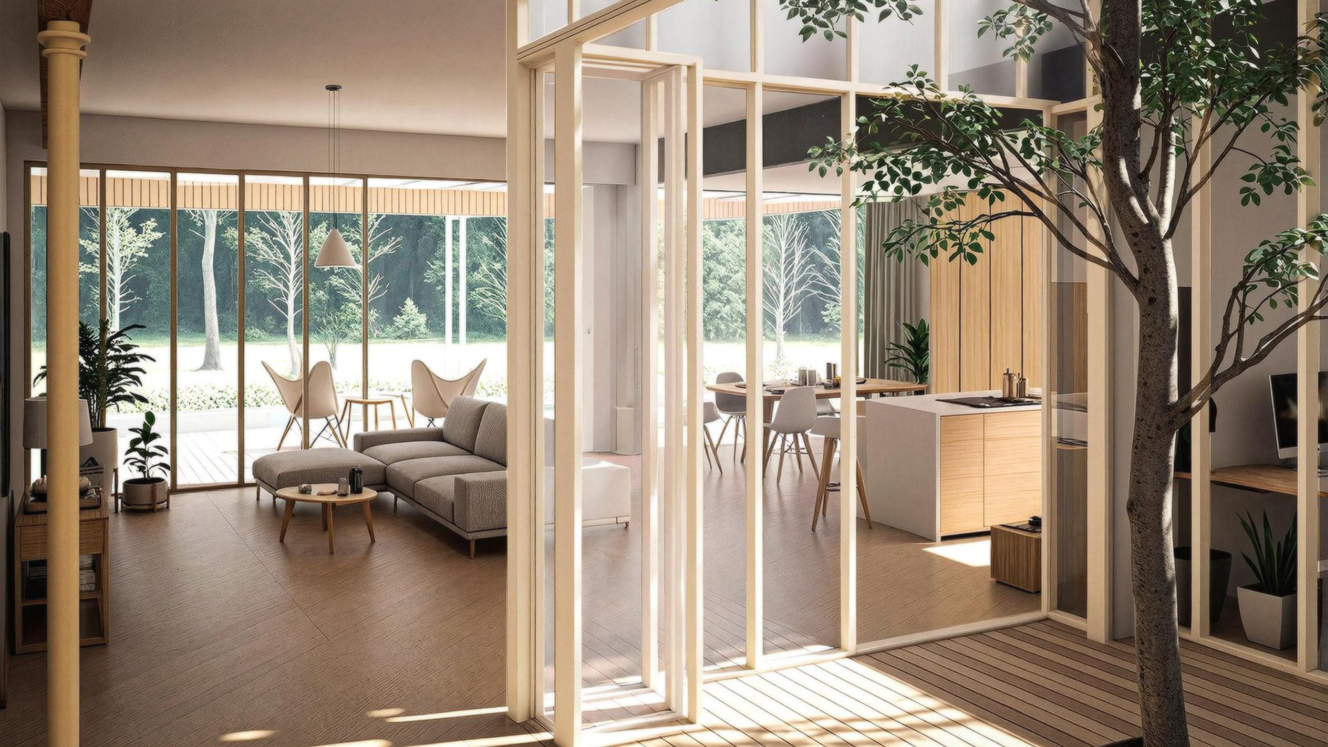 Interior of a single-storey bioclimatic single-family home featuring sustainable architecture
